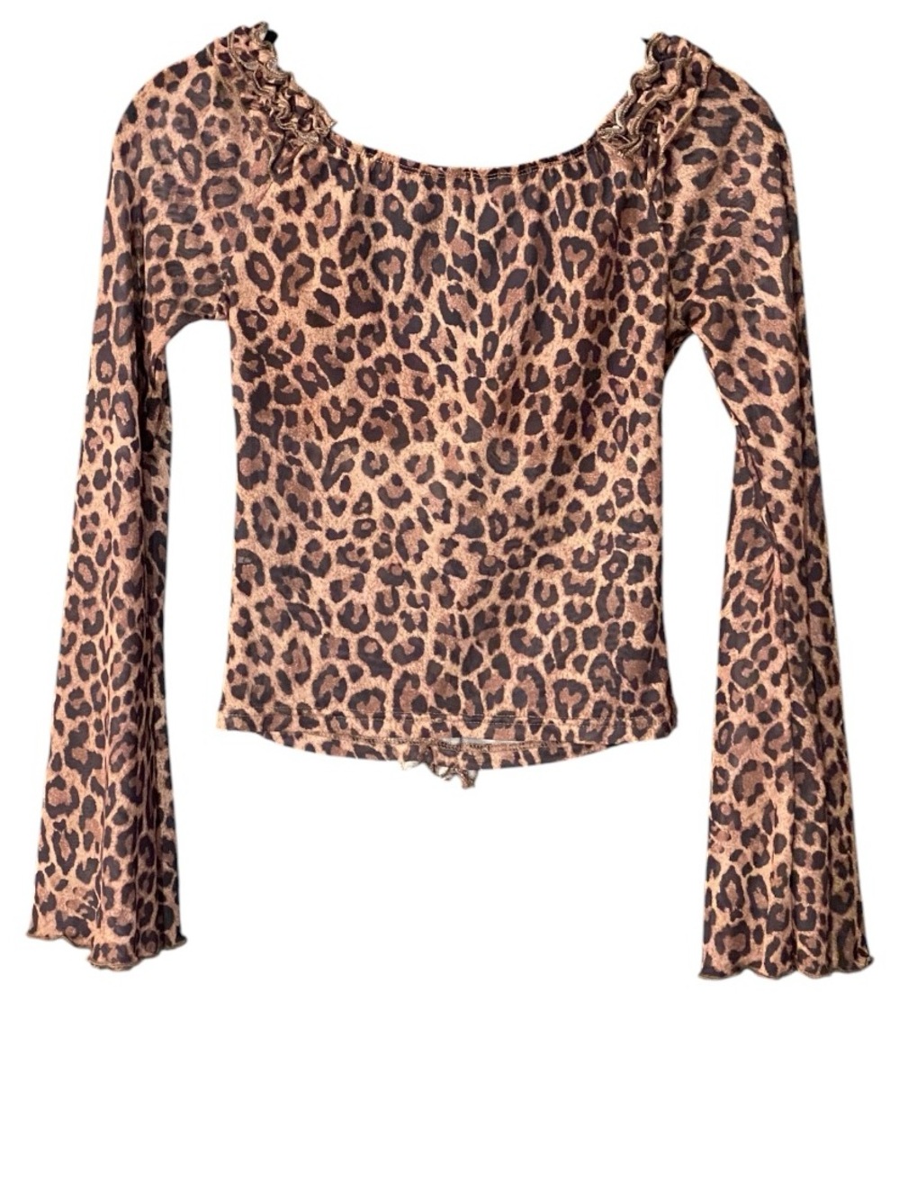 Y2K Leopard Mesh Top XS Off Shoulder Bell Sleeve Fairy Grunge Indie Sleaze - Picture 9 of 11